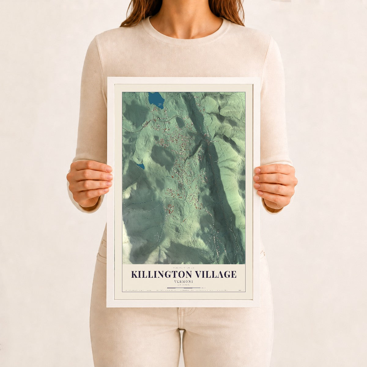 Killington Village, Vermont map print - 12 x 18 white Ayous wood frame