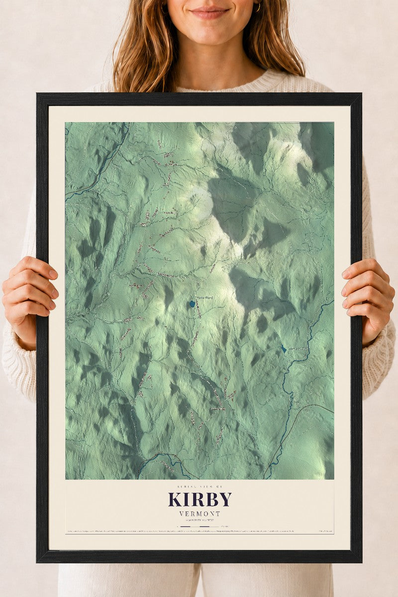 Kirby, Vermont map print - 18 x 24 black Ayous wood frame