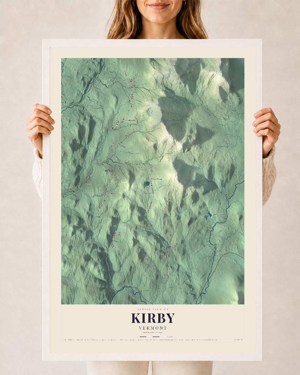 Kirby, Vermont map print - 24 x 36 white Ayous wood frame
