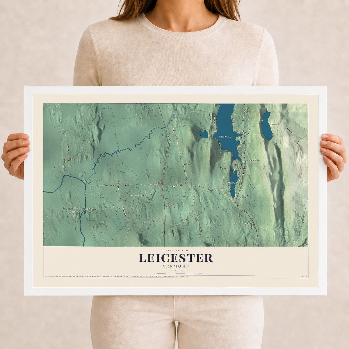 Map of Leicester, Vermont, 12 x 18 inch print in a white wood frame