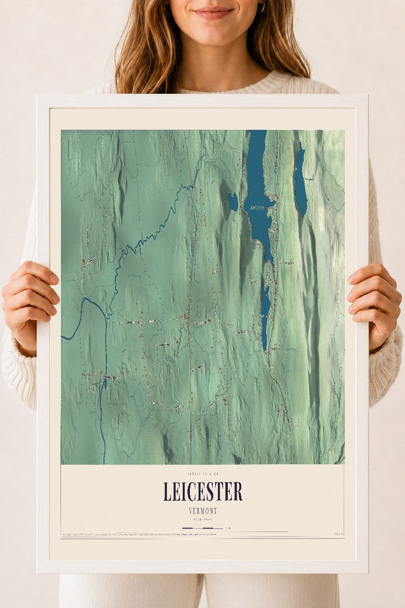 Leicester, Vermont map print - 18 x 24 white Ayous wood frame