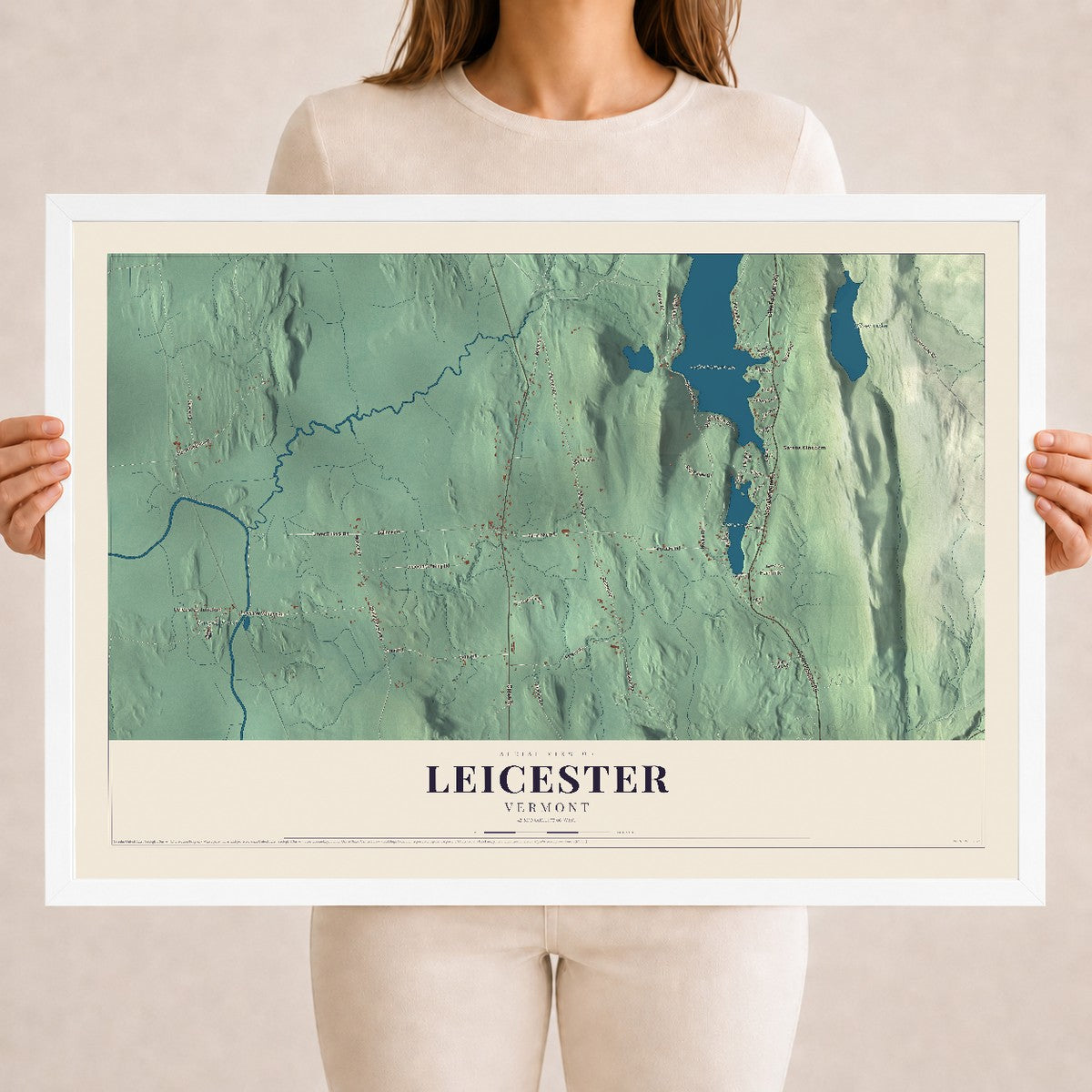 Map of Leicester, Vermont, 18 x 24 inch print in a white wood frame