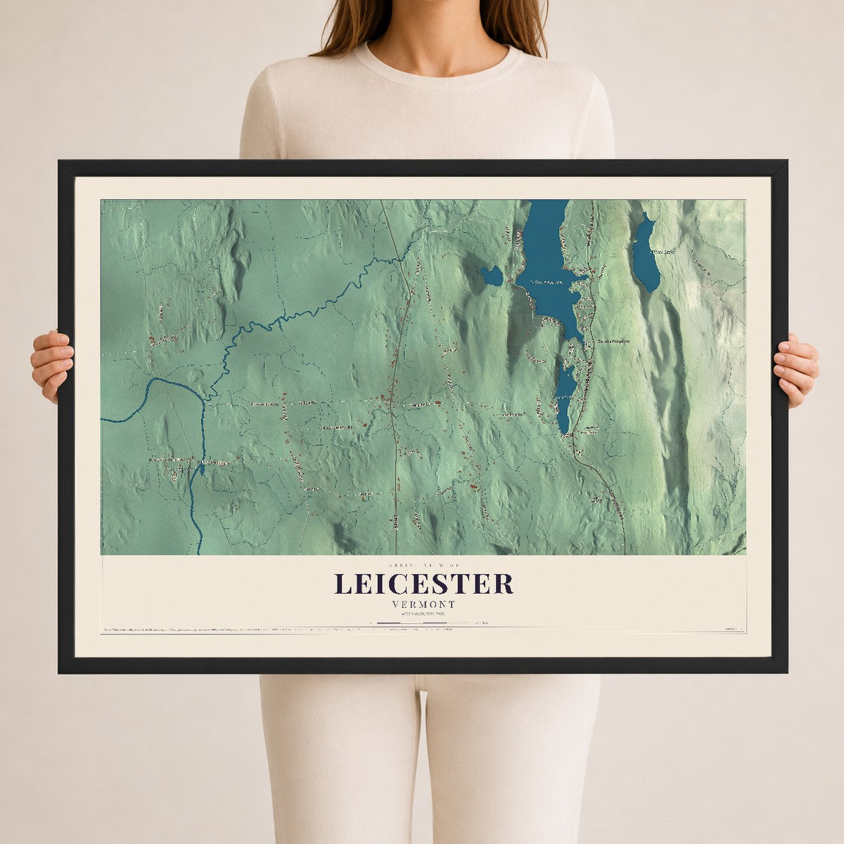 Map of Leicester, Vermont, 24 x 36 inch print in a black wood frame