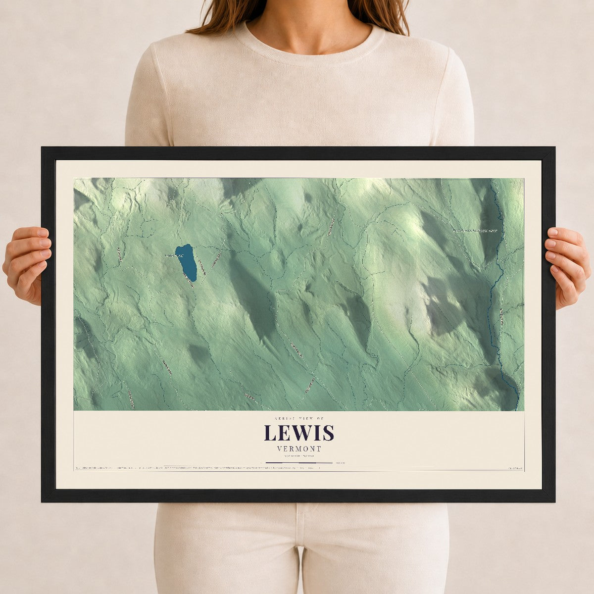 Map of Lewis, Vermont, 12 x 18 inch print in a black wood frame