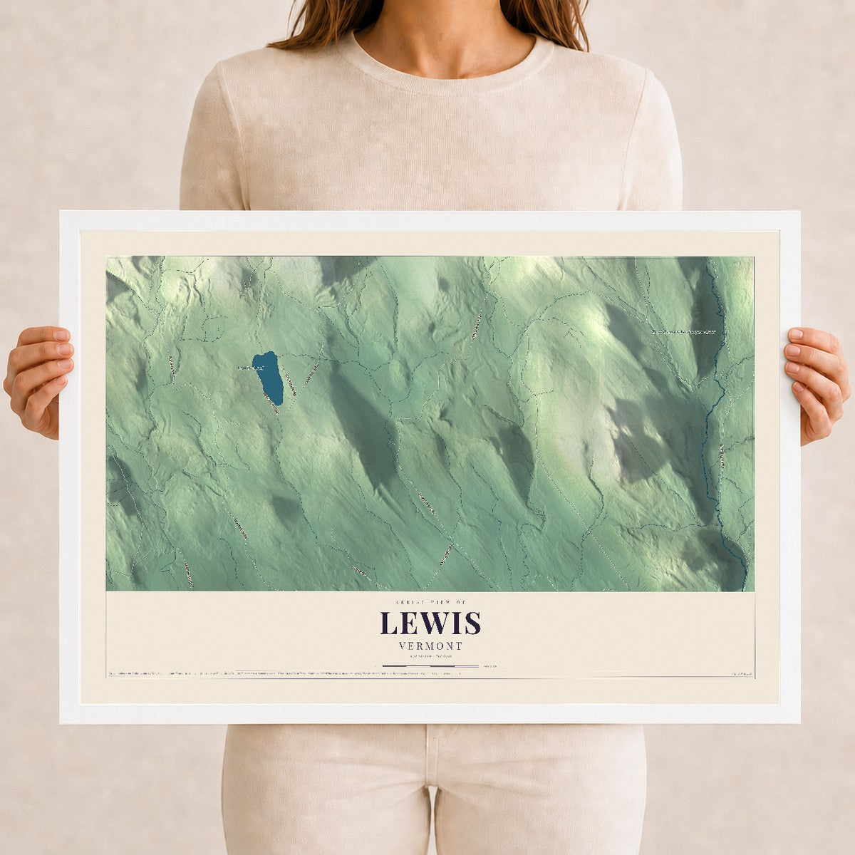 Map of Lewis, Vermont, 12 x 18 inch print in a white wood frame