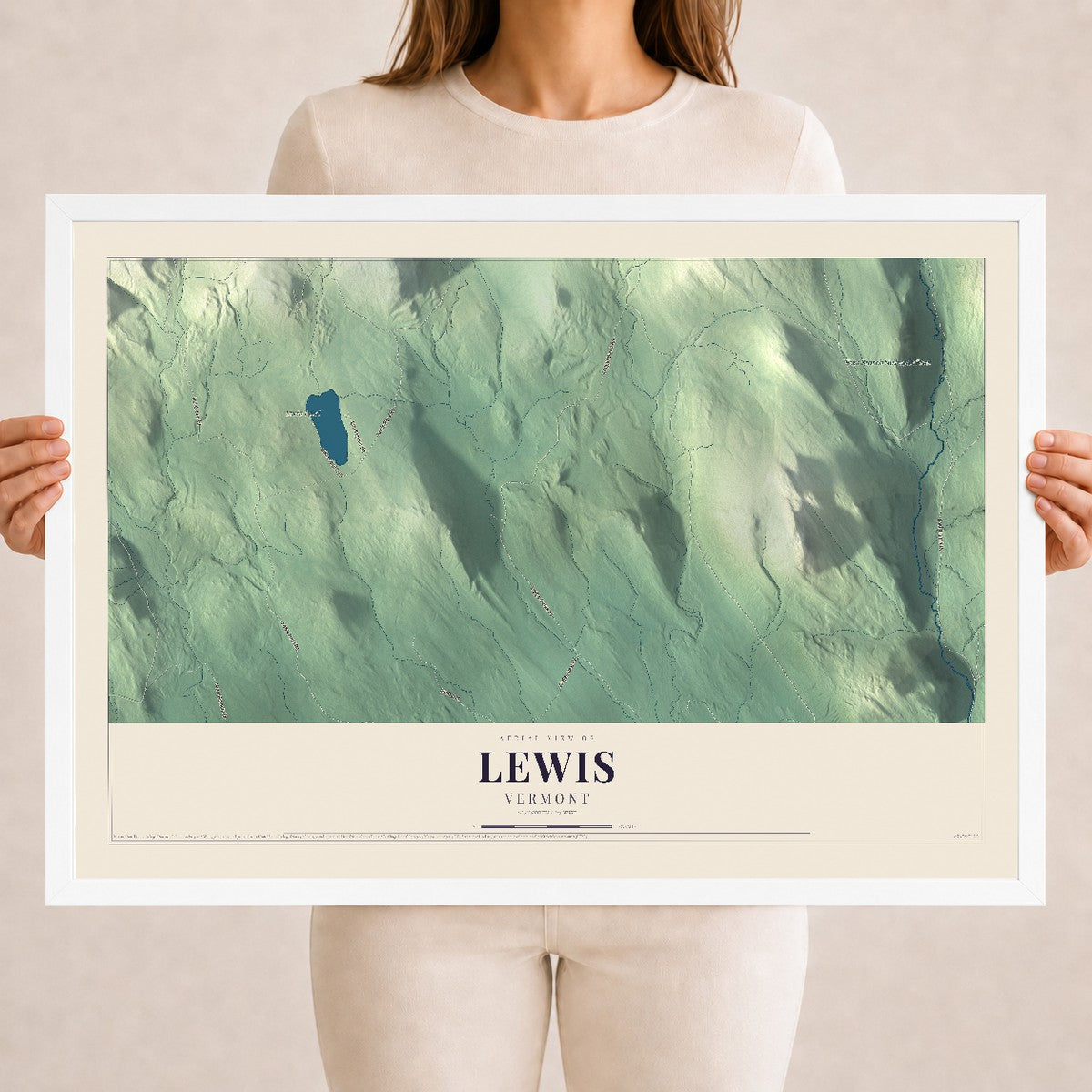 Map of Lewis, Vermont, 18 x 24 inch print in a white wood frame