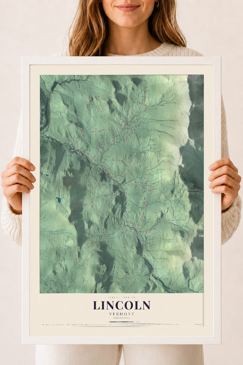Lincoln, Vermont map print - 18 x 24 white Ayous wood frame