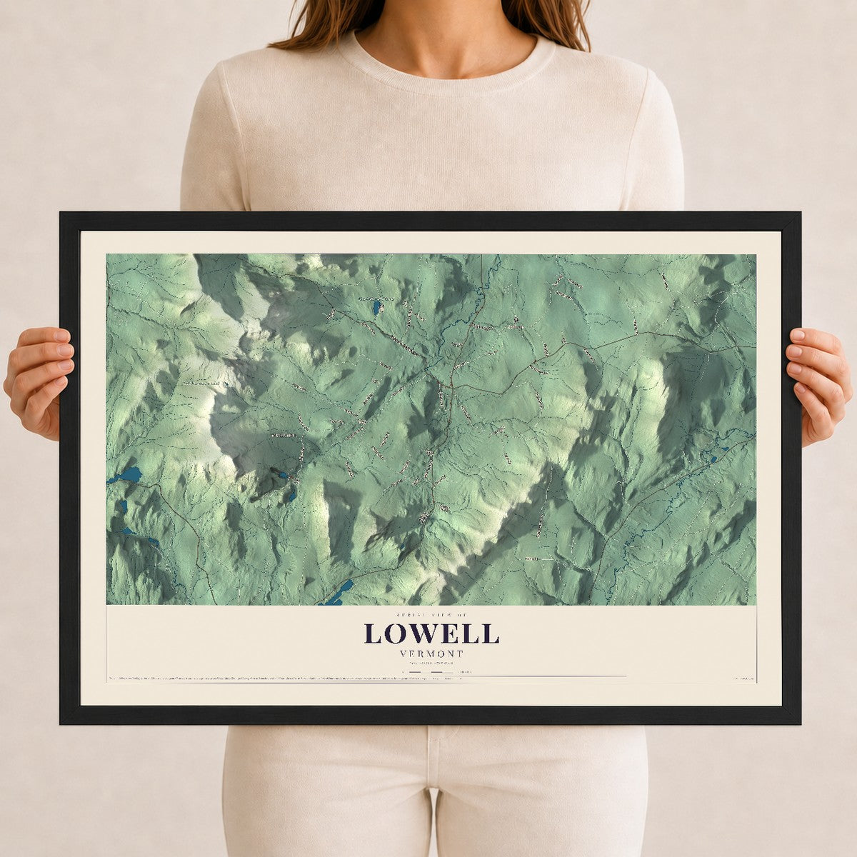 Map of Lowell, Vermont, 12 x 18 inch print in a black wood frame
