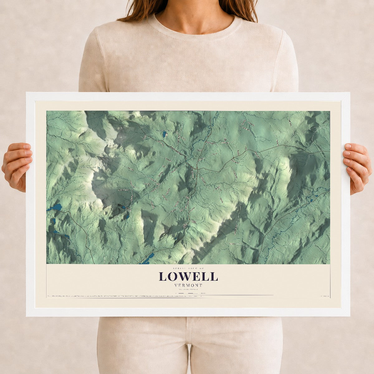 Map of Lowell, Vermont, 12 x 18 inch print in a white wood frame
