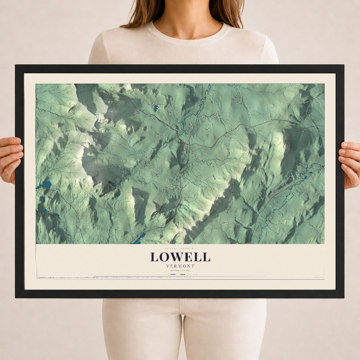 Map of Lowell, Vermont, 18 x 24 inch print in a black wood frame