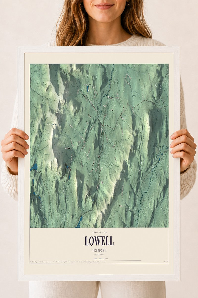 Lowell, Vermont map print - 18 x 24 white Ayous wood frame