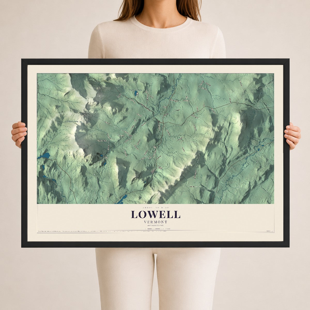 Map of Lowell, Vermont, 24 x 36 inch print in a black wood frame