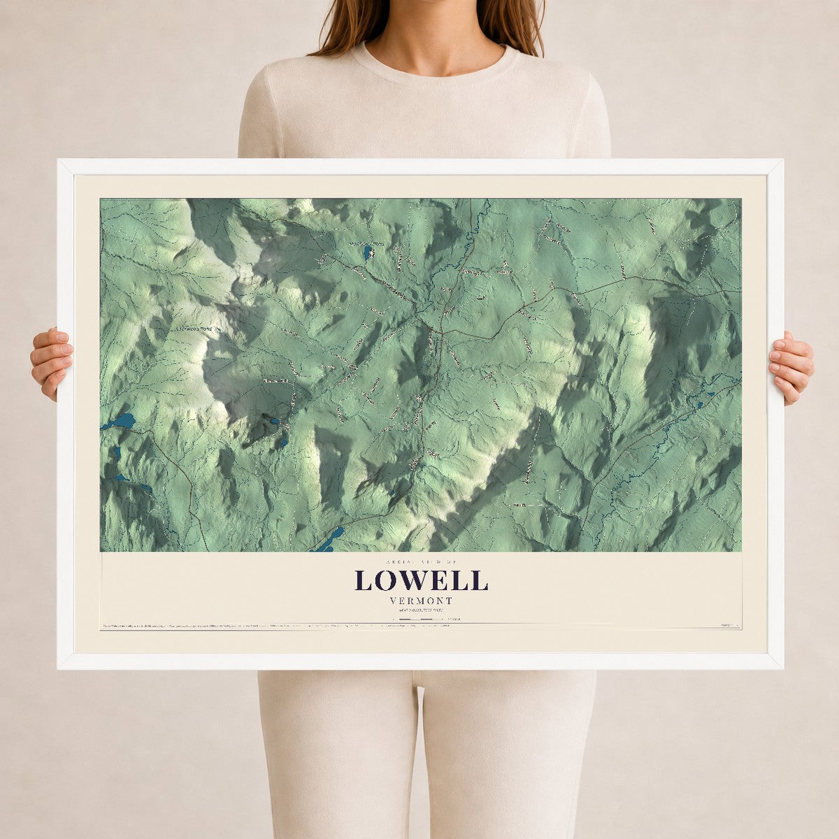 Map of Lowell, Vermont, 24 x 36 inch print in a white wood frame