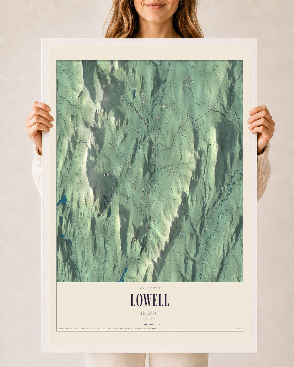 Lowell, Vermont map print - 24 x 36 white Ayous wood frame
