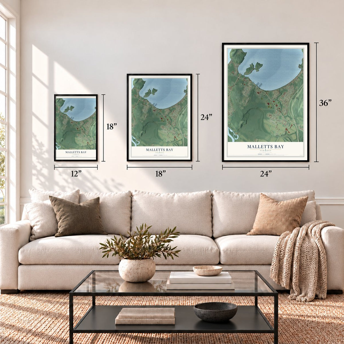 Malletts Bay, Vermont map in 12 x 18, 18 x 24 and 24 x 36 inch sizes above a sofa