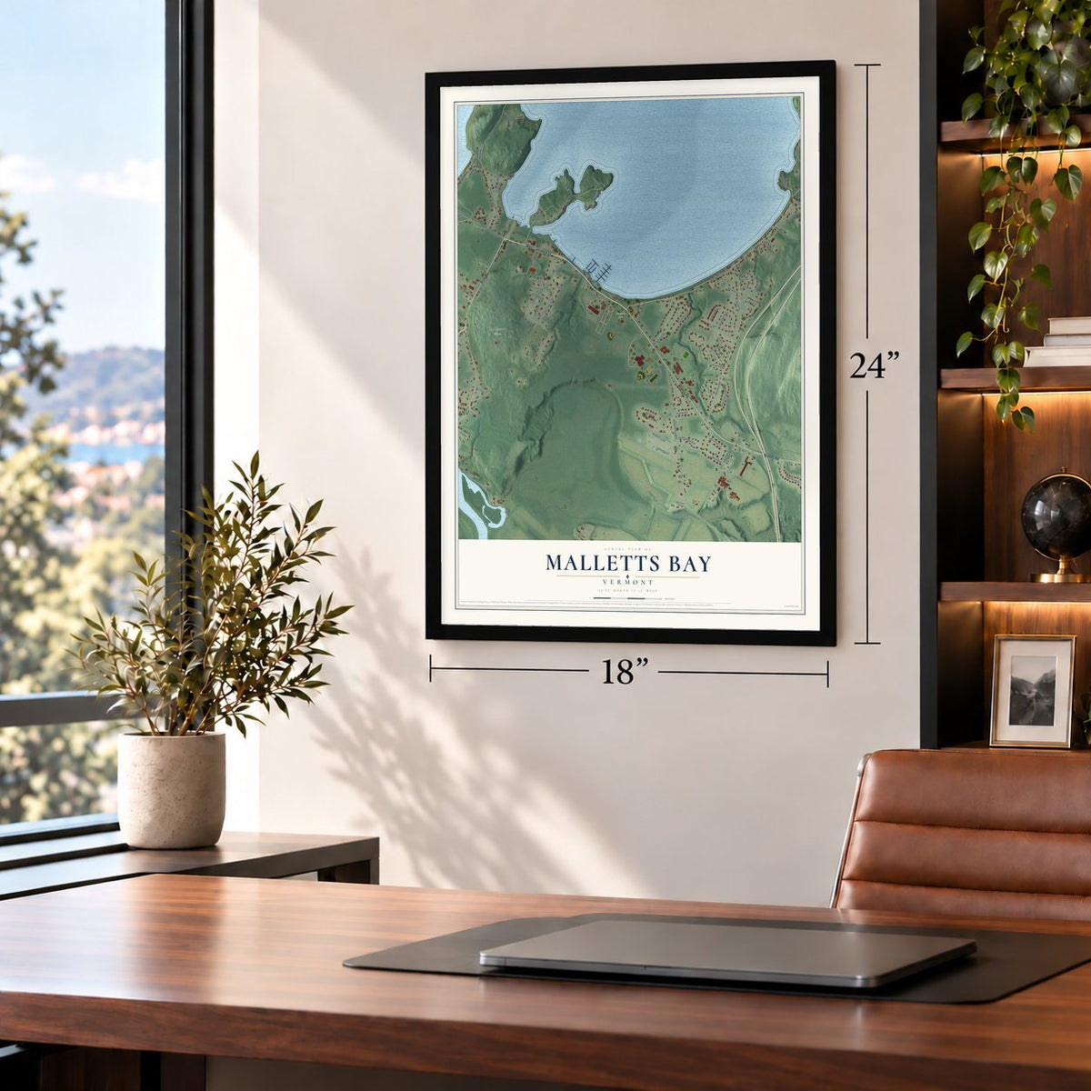 Malletts Bay, Vermont map, 18 x 24 inch print in a black frame in a home office
