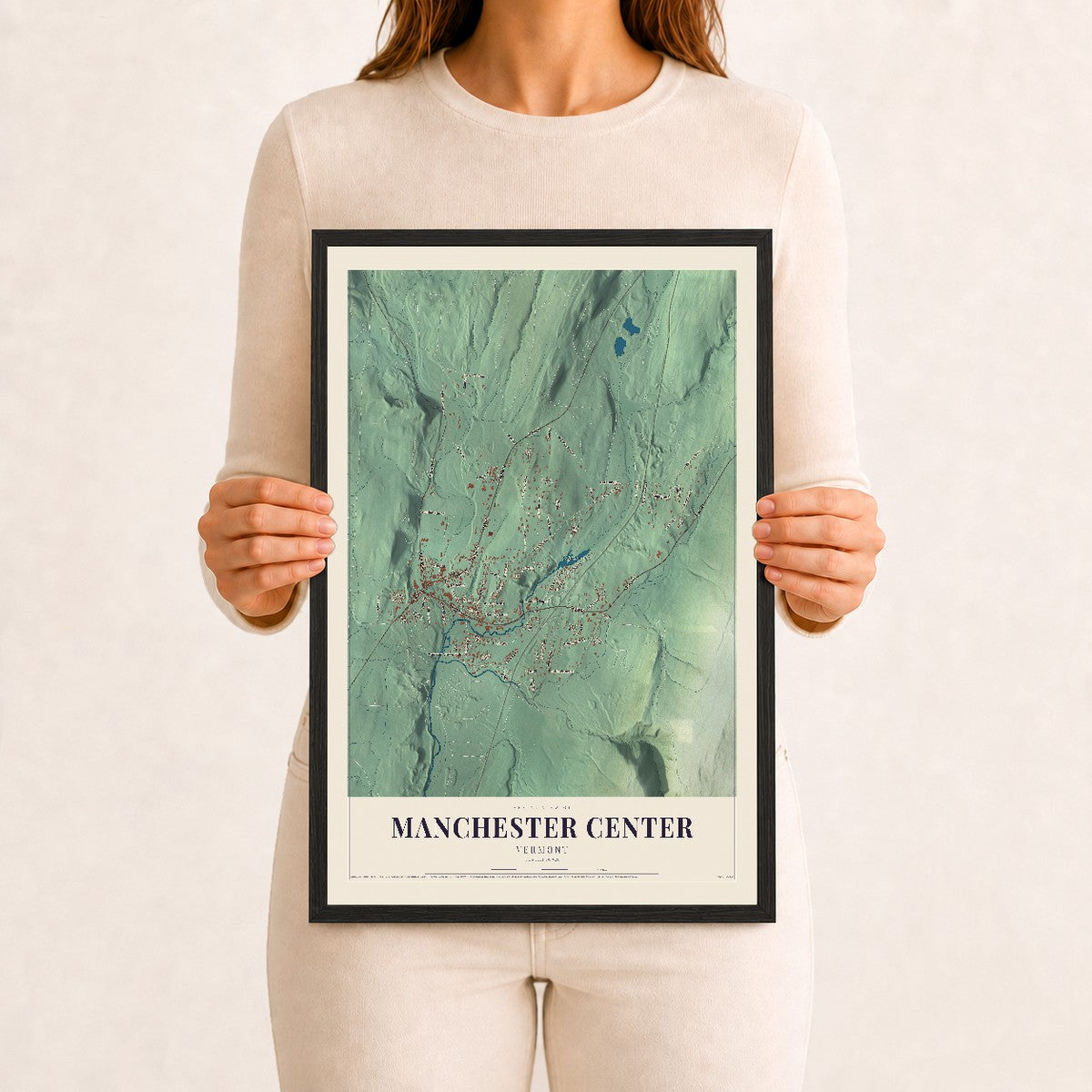 Manchester Center, Vermont map print - 12 x 18 black Ayous wood frame