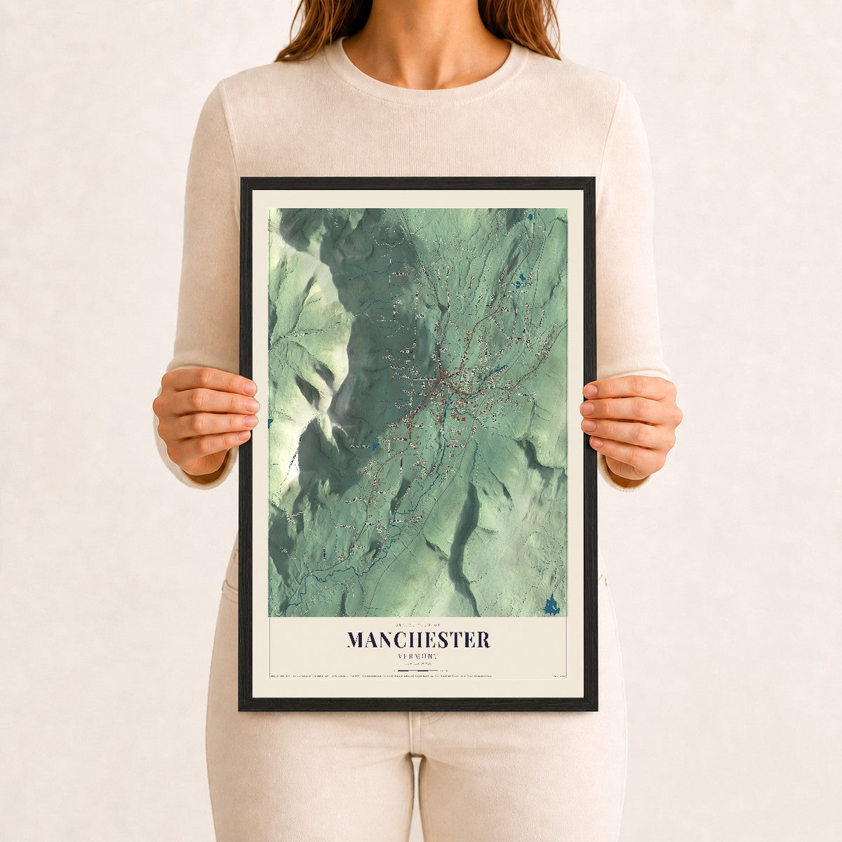 Manchester, Vermont map print - 12 x 18 black Ayous wood frame