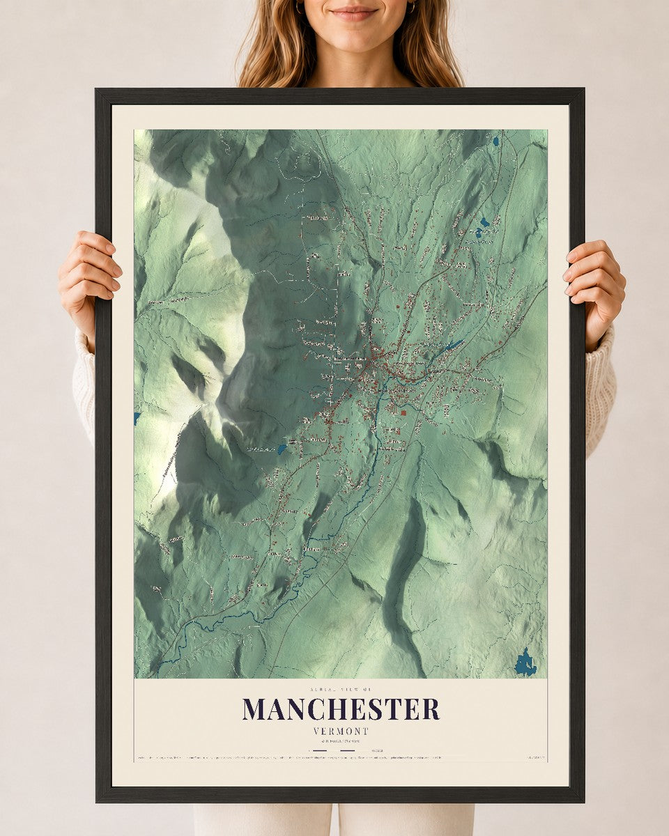 Manchester, Vermont map print - 24 x 36 black Ayous wood frame