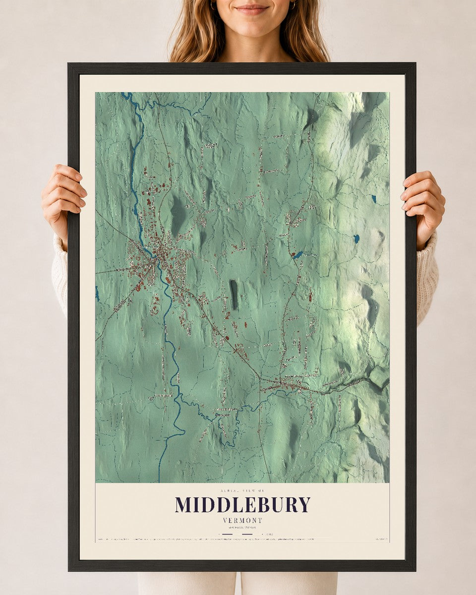 Middlebury, Vermont map print - 24 x 36 black Ayous wood frame