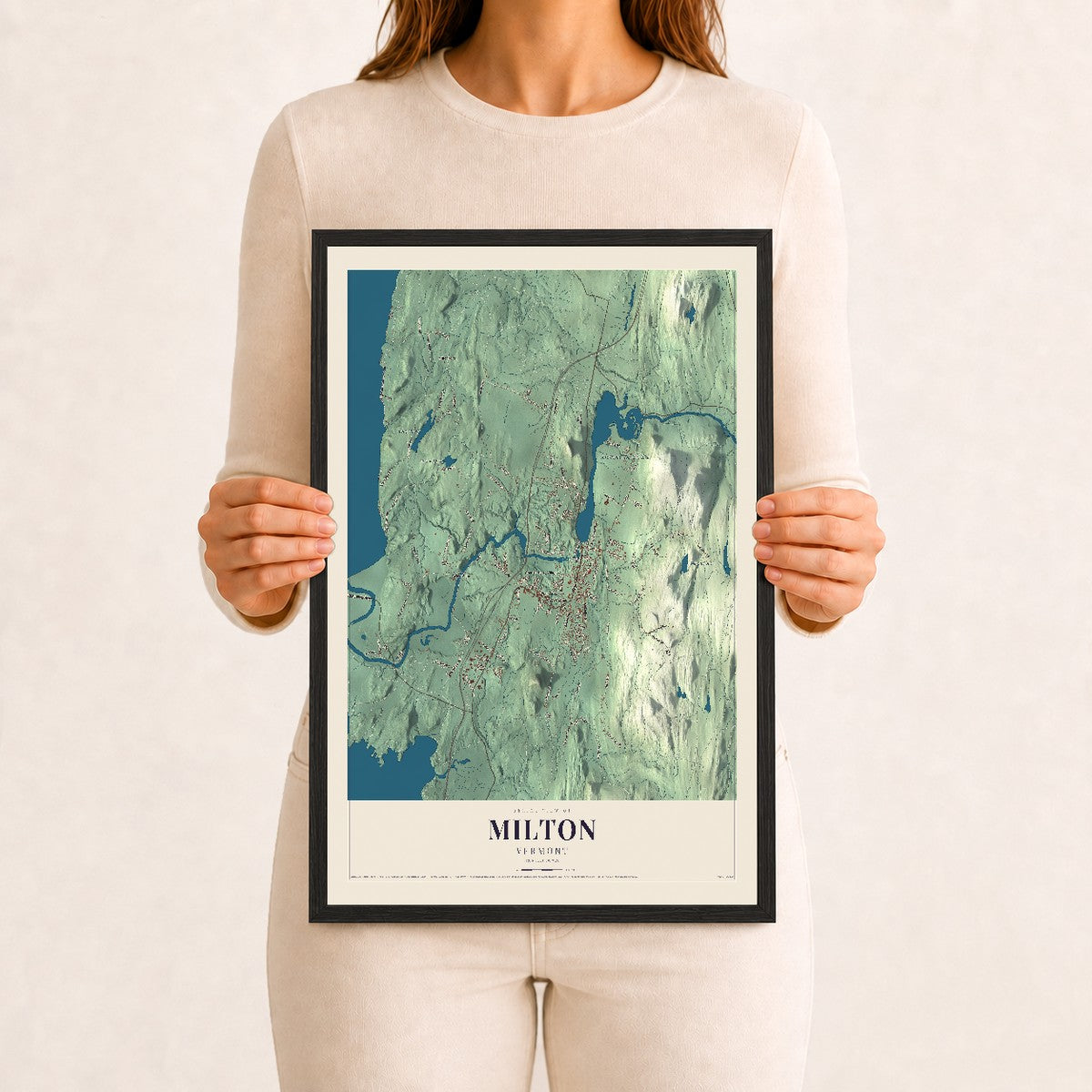 Milton, Vermont map print - 12 x 18 black Ayous wood frame