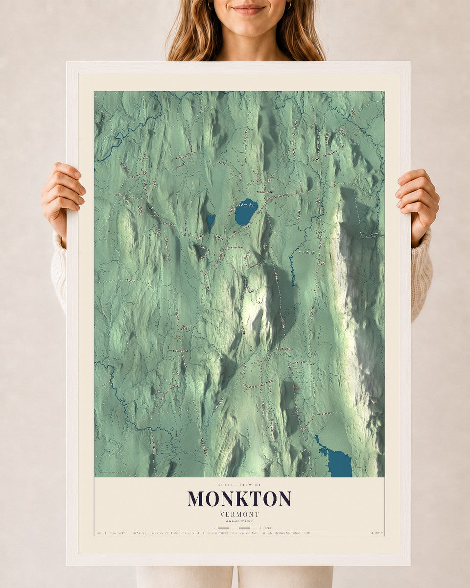 Monkton, Vermont map print - 24 x 36 white Ayous wood frame