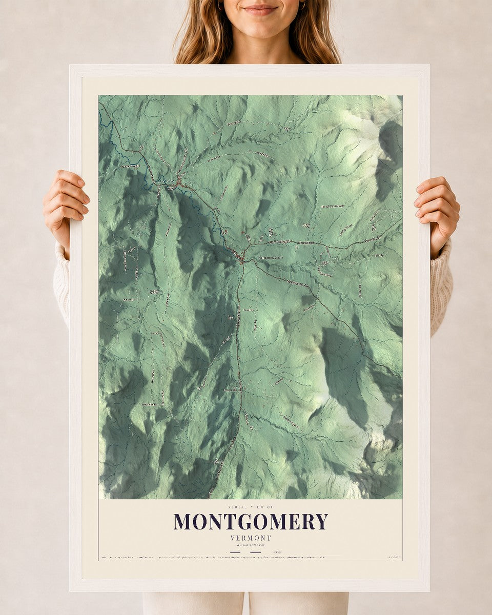 Montgomery, Vermont map print - 24 x 36 white Ayous wood frame