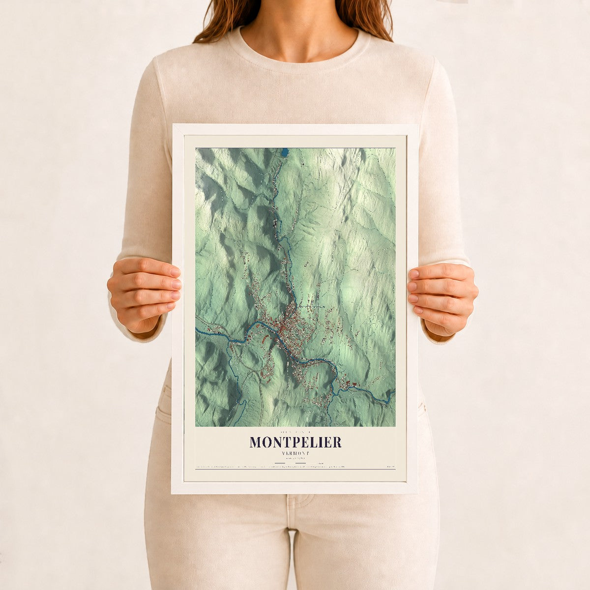 Montpelier, Vermont map print - 12 x 18 white Ayous wood frame