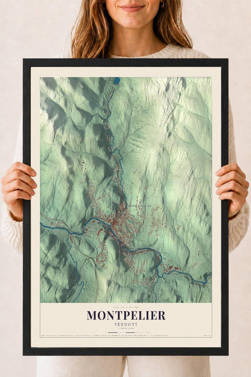 Montpelier, Vermont map print - 18 x 24 black Ayous wood frame
