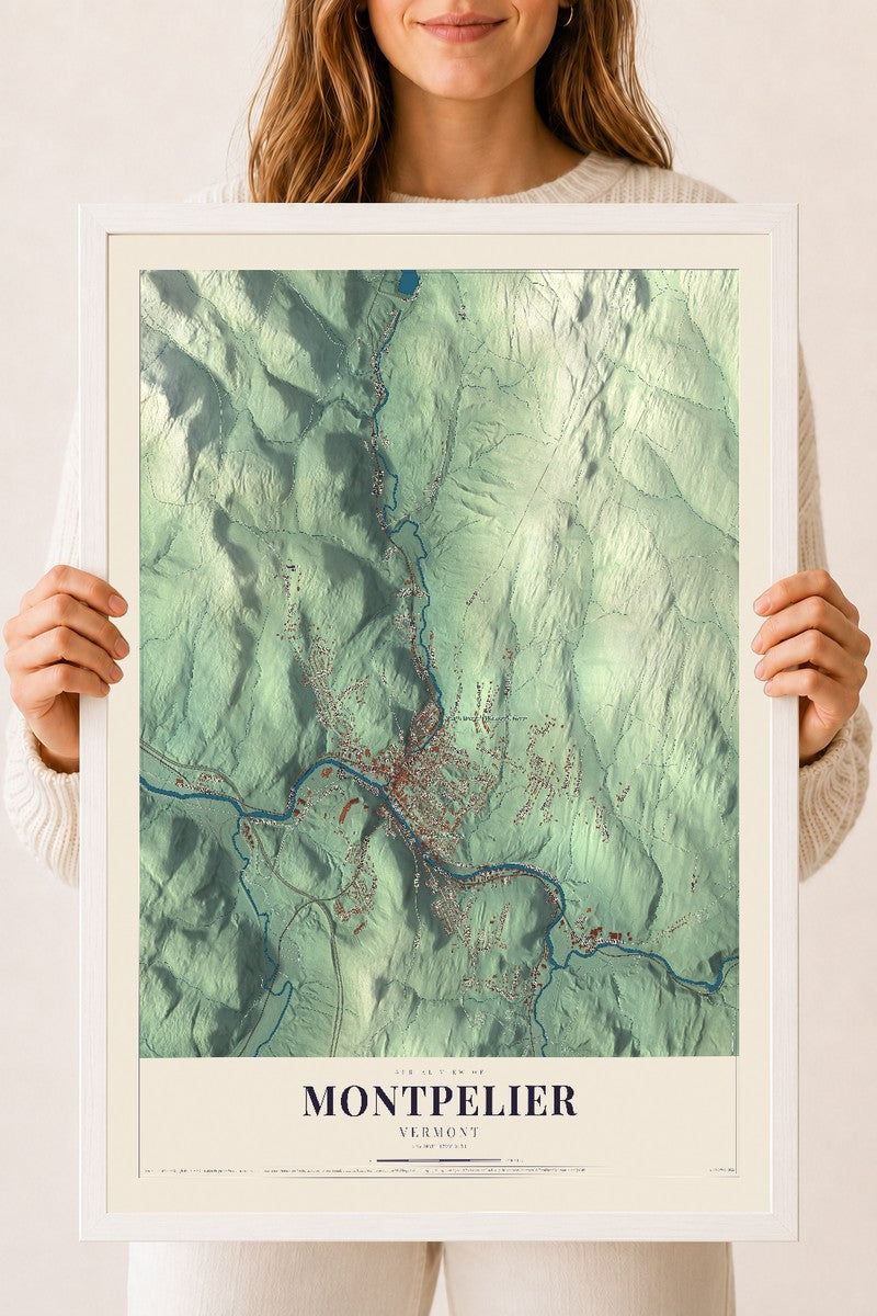 Montpelier, Vermont map print - 18 x 24 white Ayous wood frame