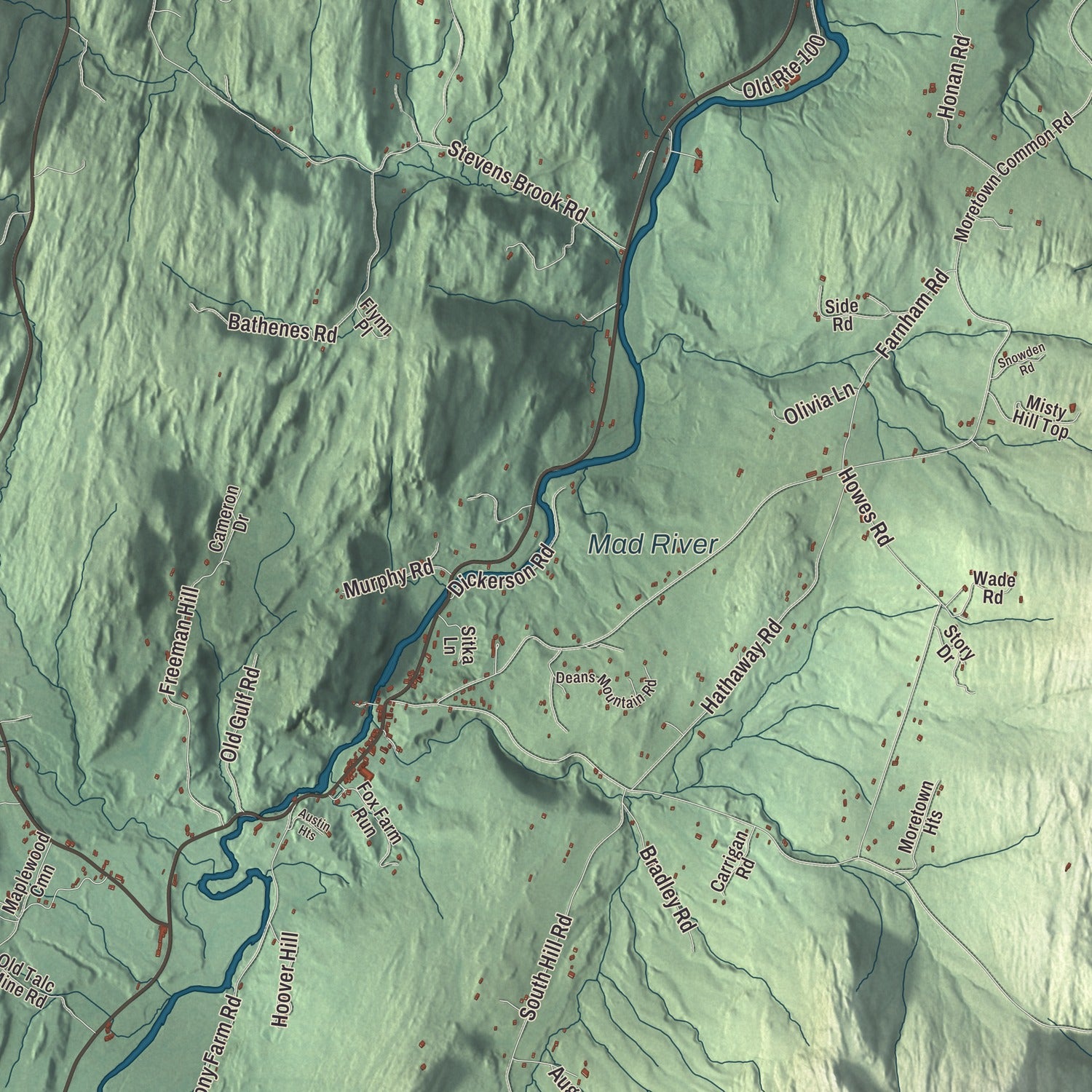 Terrain and local geography detail from the Moretown, Vermont map