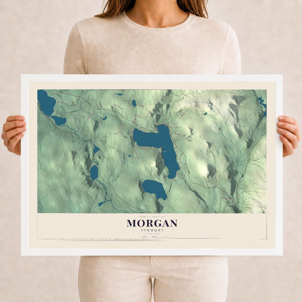 Map of Morgan, Vermont, 12 x 18 inch print in a white wood frame