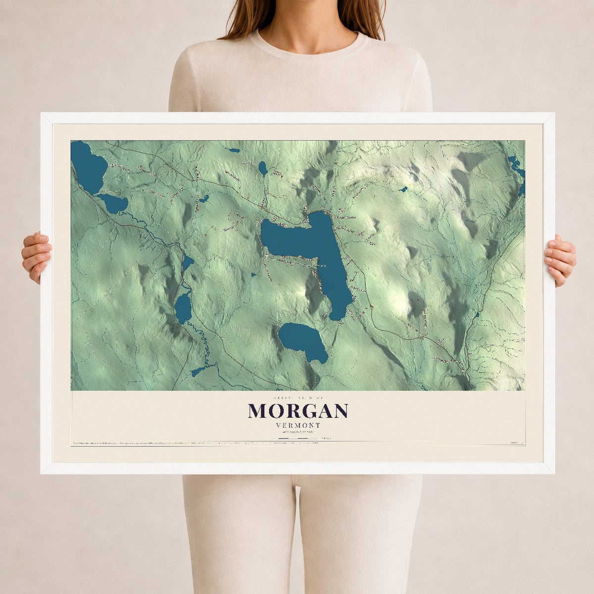 Map of Morgan, Vermont, 24 x 36 inch print in a white wood frame