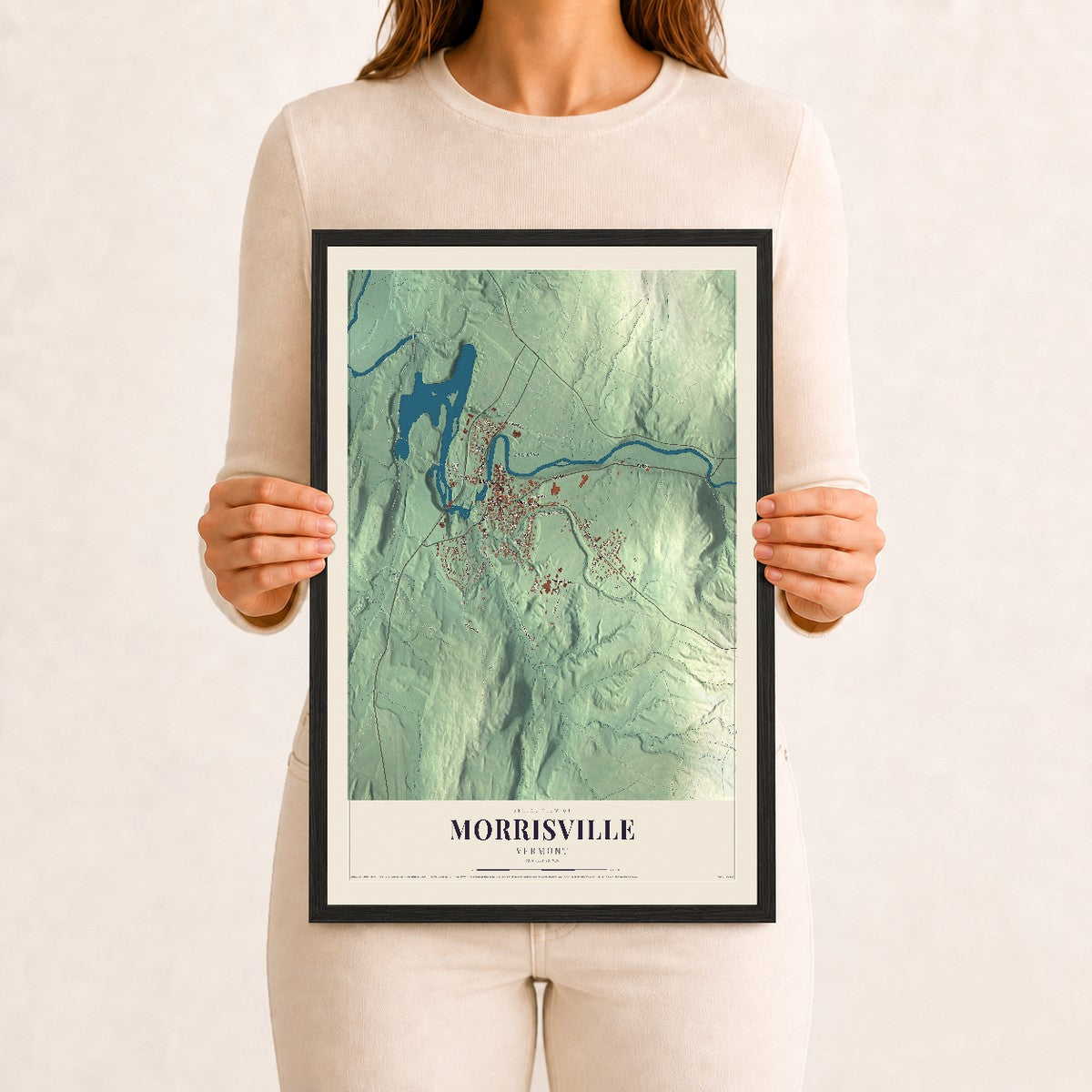 Morrisville, Vermont map print - 12 x 18 black Ayous wood frame