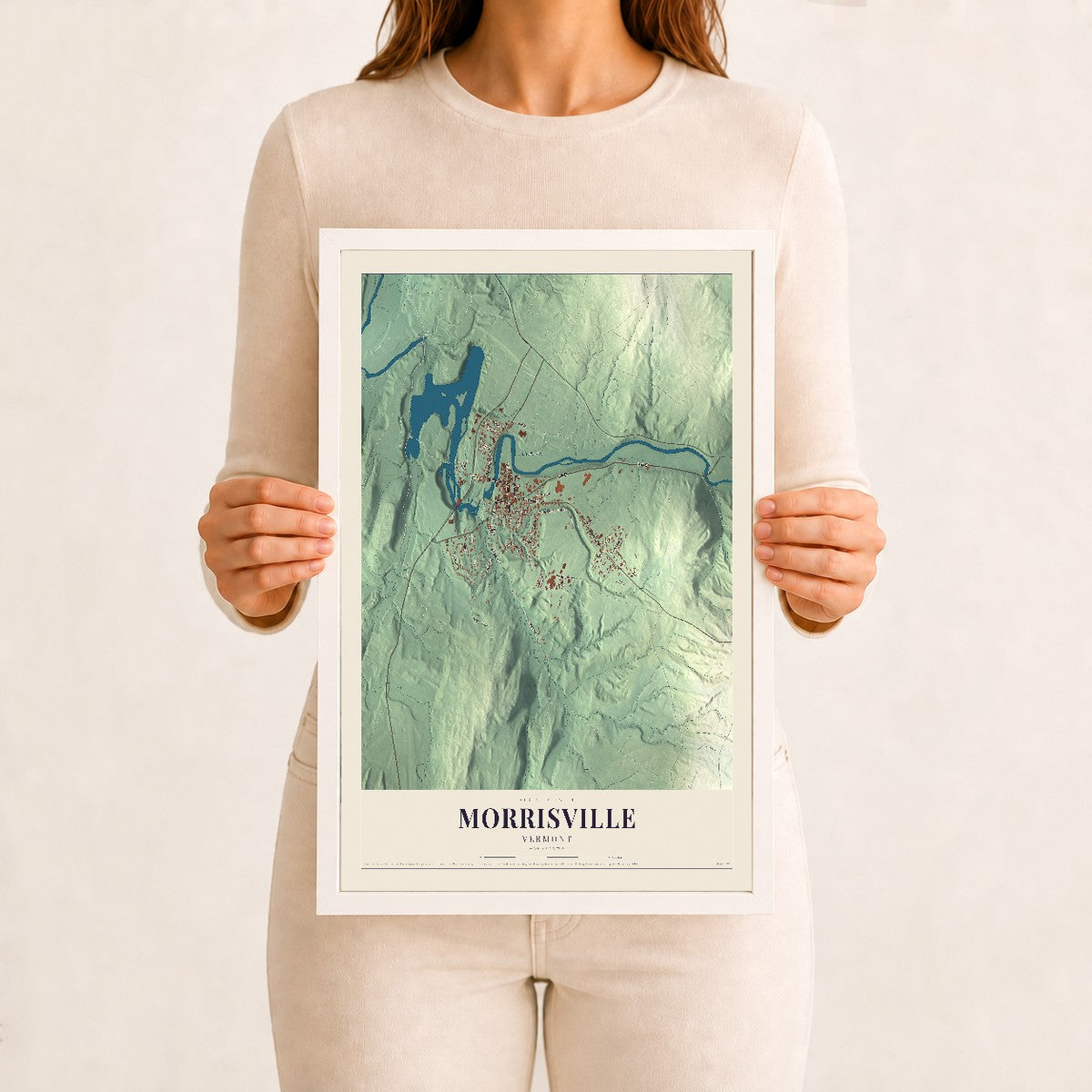 Morrisville, Vermont map print - 12 x 18 white Ayous wood frame