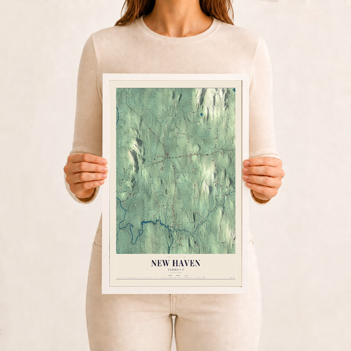 New Haven, Vermont map print - 12 x 18 white Ayous wood frame