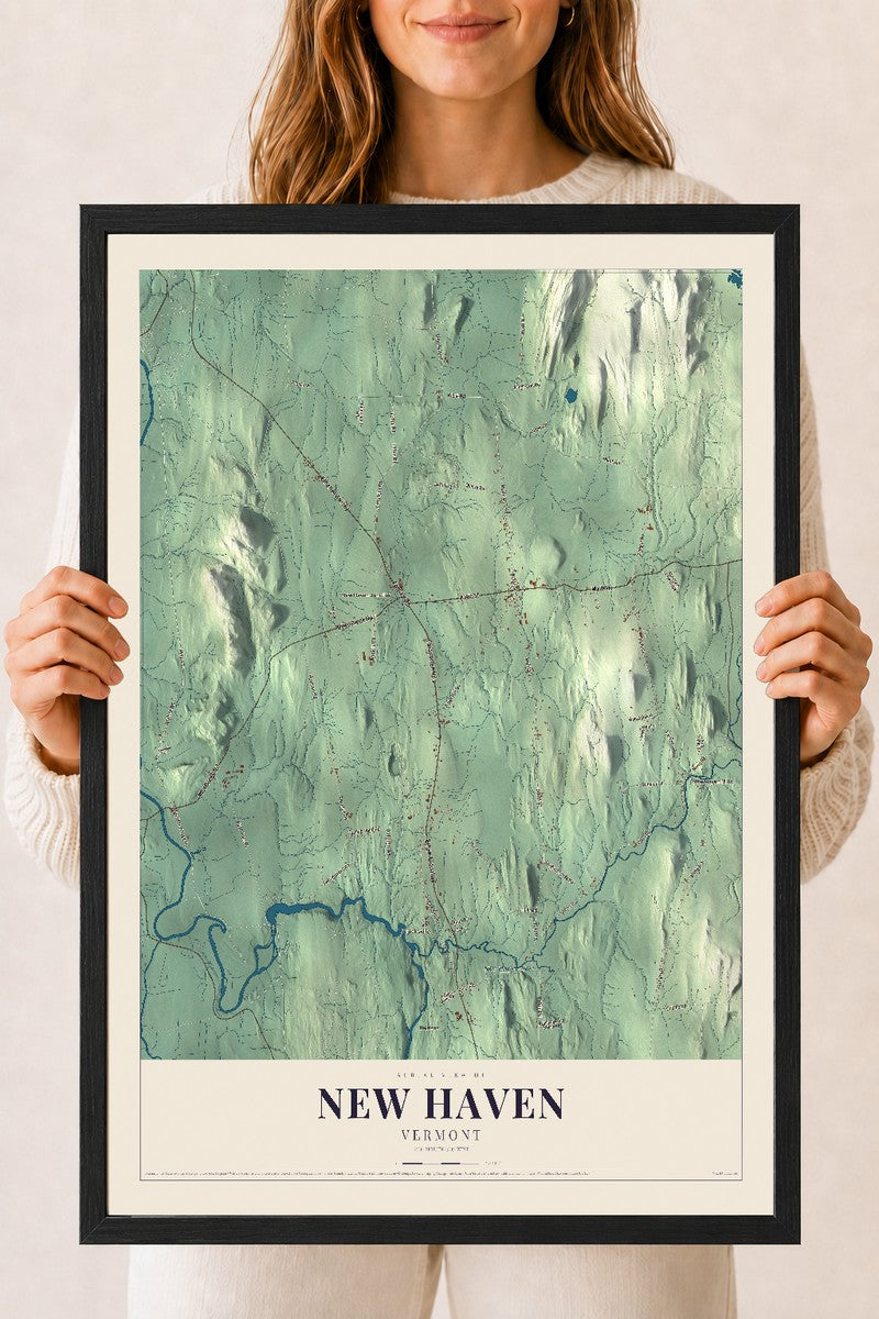 New Haven, Vermont map print - 18 x 24 black Ayous wood frame