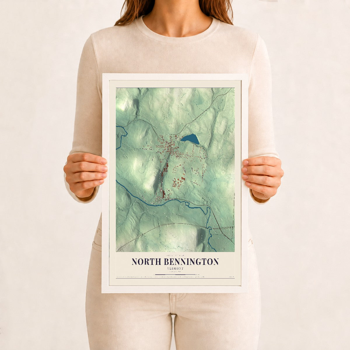 North Bennington, Vermont map print - 12 x 18 white Ayous wood frame