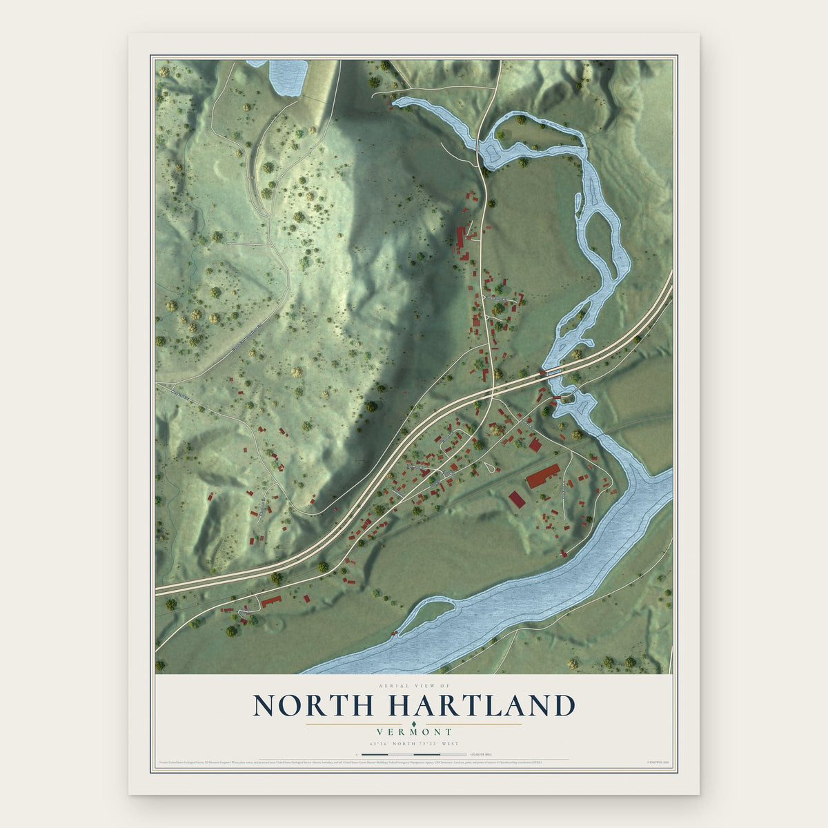 North Hartland, Vermont map print, the full design