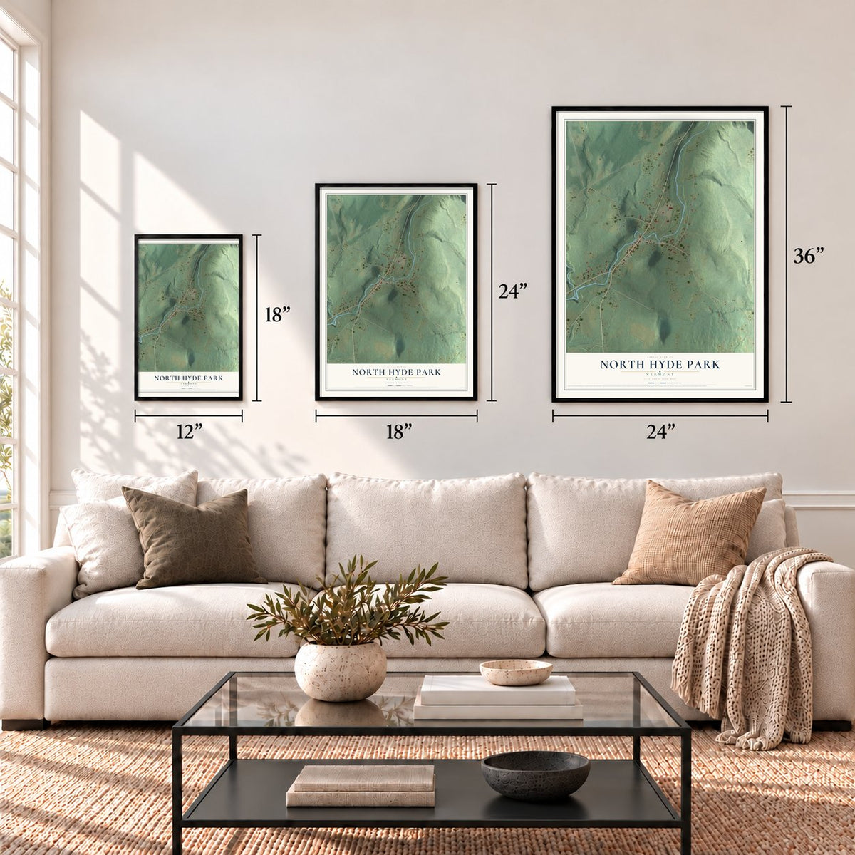 North Hyde Park, Vermont map in 12 x 18, 18 x 24 and 24 x 36 inch sizes above a sofa