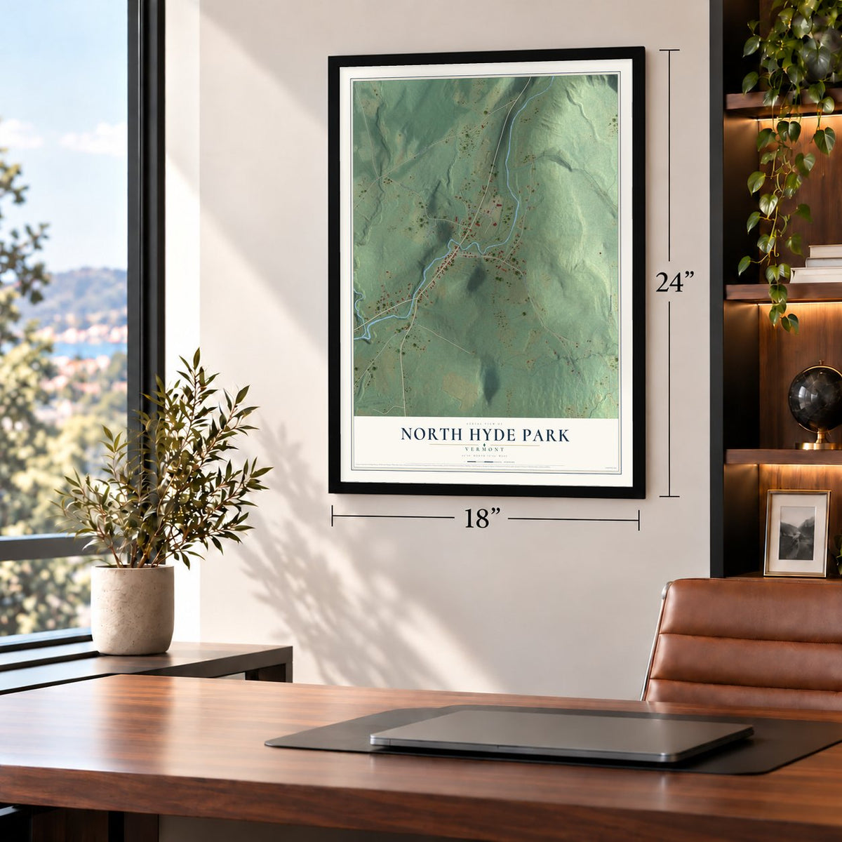 North Hyde Park, Vermont map, 18 x 24 inch print in a black frame in a home office