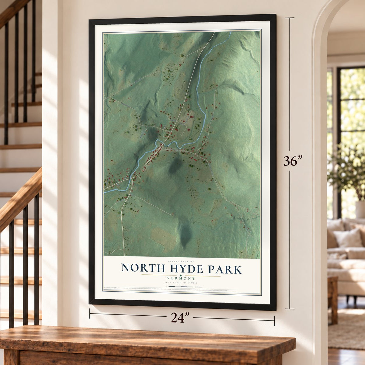 North Hyde Park, Vermont map, 24 x 36 inch print in a black frame by a staircase