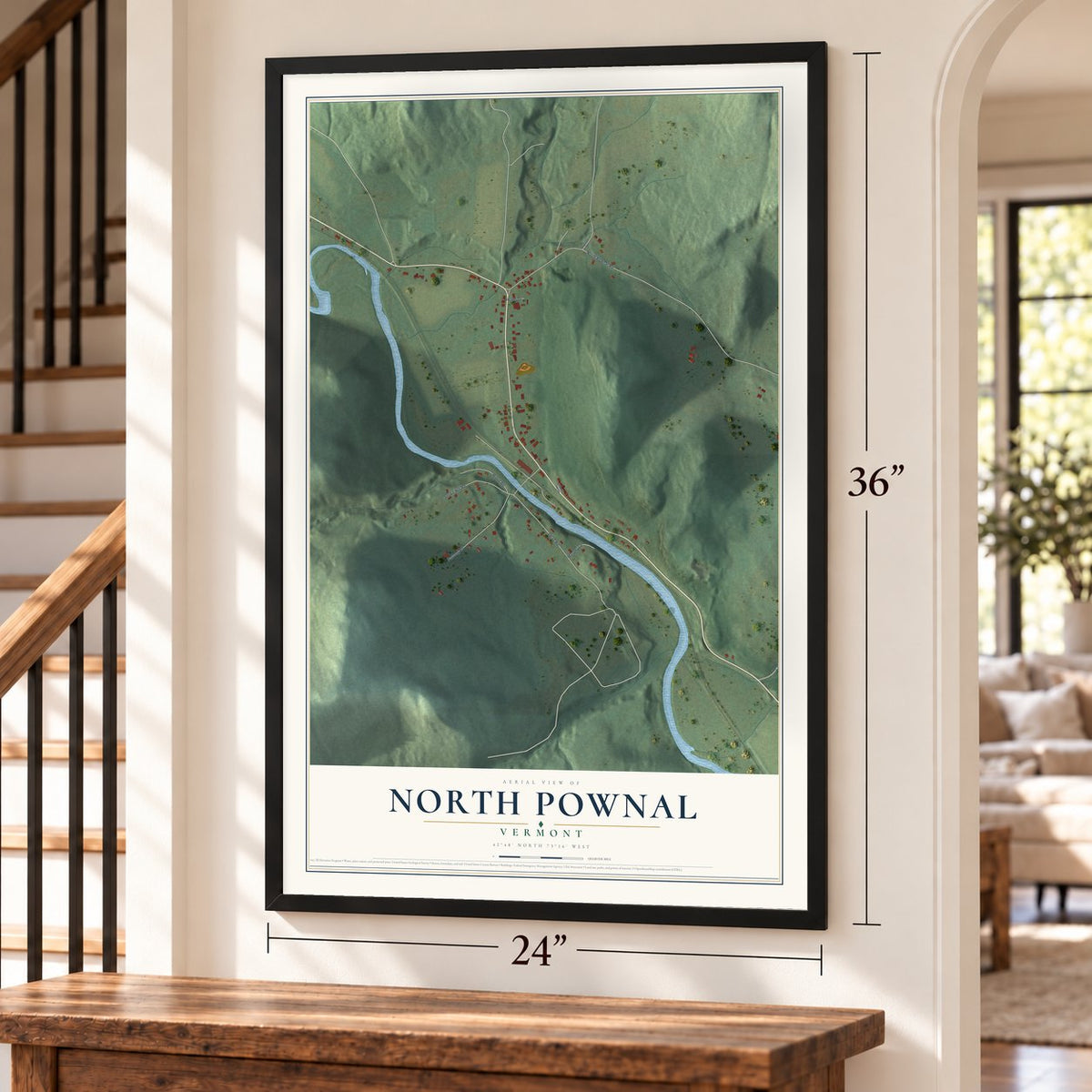 North Pownal, Vermont map, 24 x 36 inch print in a black frame by a staircase