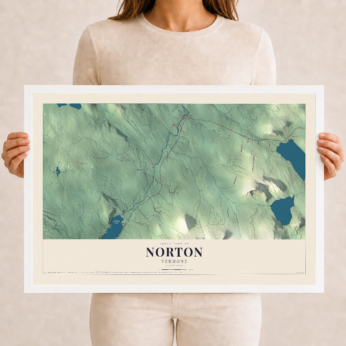 Map of Norton, Vermont, 12 x 18 inch print in a white wood frame
