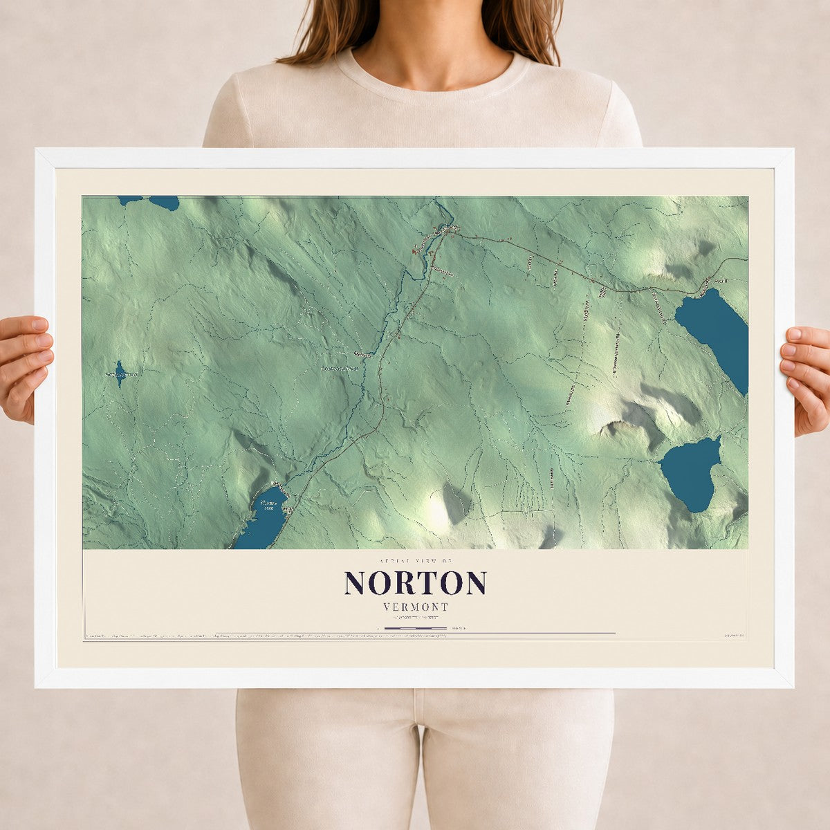 Map of Norton, Vermont, 18 x 24 inch print in a white wood frame