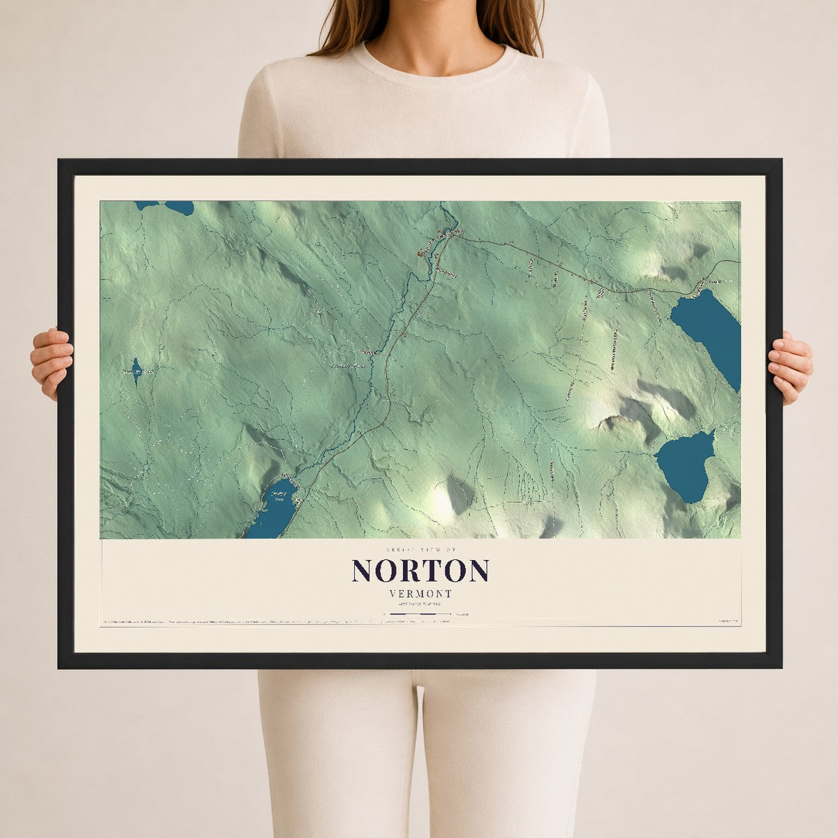 Map of Norton, Vermont, 24 x 36 inch print in a black wood frame