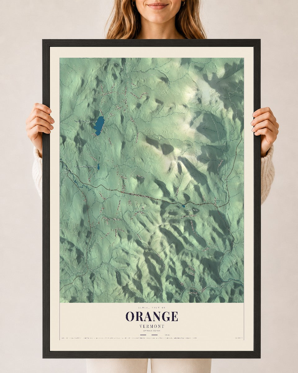 Orange, Vermont map print - 24 x 36 black Ayous wood frame