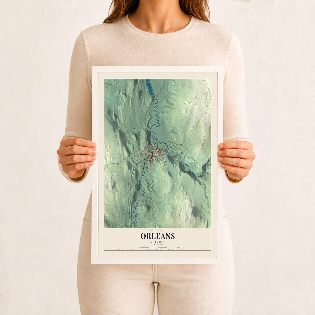 Orleans, Vermont map print - 12 x 18 white Ayous wood frame