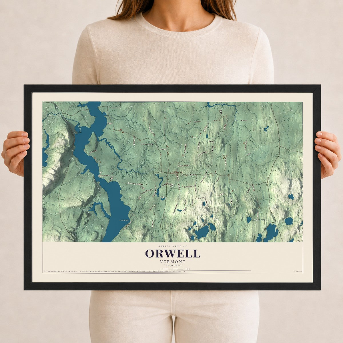Map of Orwell, Vermont, 12 x 18 inch print in a black wood frame