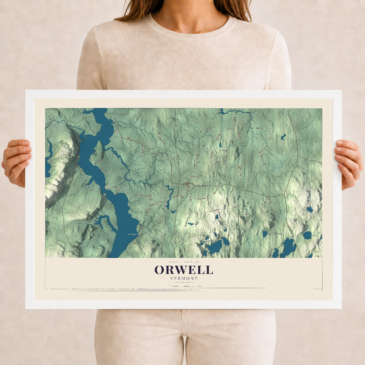 Map of Orwell, Vermont, 12 x 18 inch print in a white wood frame